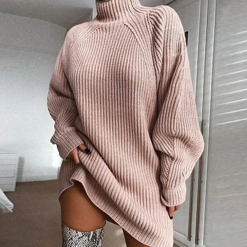 

Autumn Turtleneck Knitted Dress Elegant Women Clothes Casual Long Sleeve Sweater Dress Fashion Solid Loose Warm Vestidos 29379