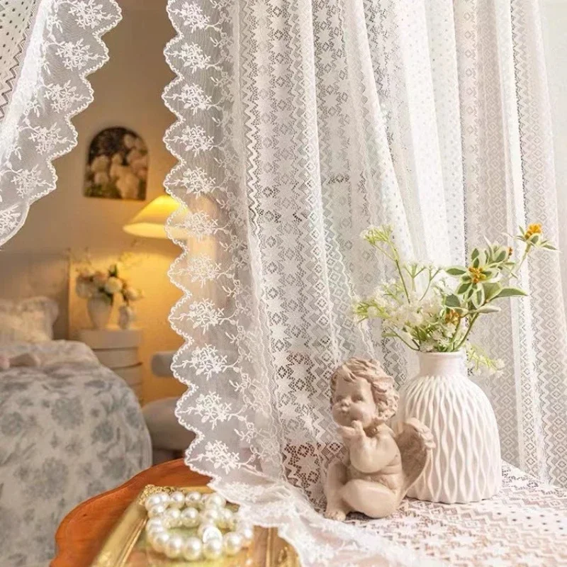 French Romantic White Star Floral Pattern Ruffles Sheer Lacework Curtains for Living Room Tulle for Windows Drapes Door Luxury