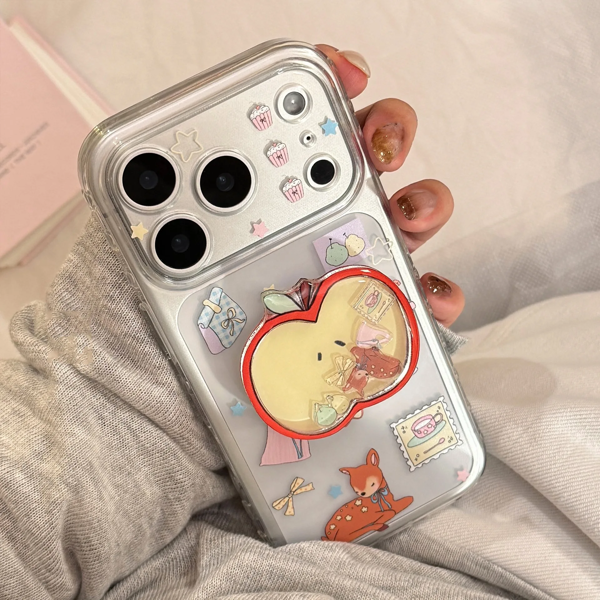 Cartoon Fruit 3D Stand Holder with Shiny Bow Silicone Soft Back Cover Phone Case