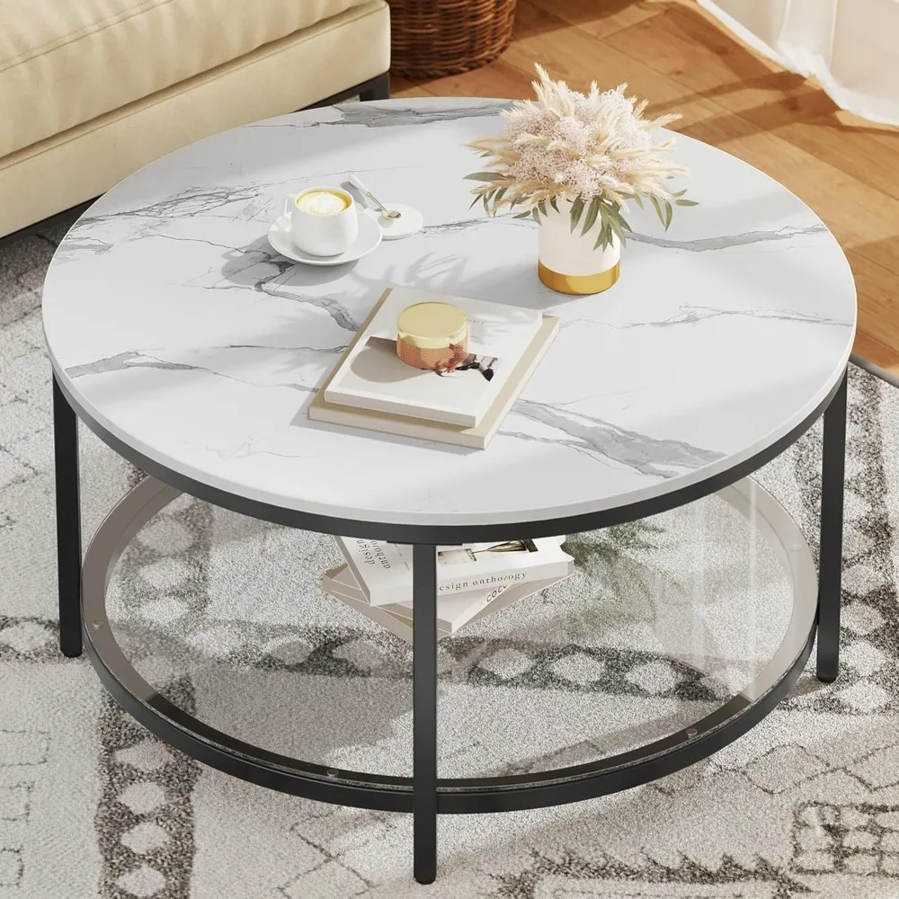 Marble Round Coffee Table with Glass for Living Room,2-Tier Circle Coffee Table with Storage,Simple Modern Center Cocktail Table