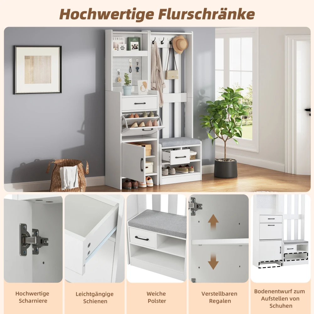 110 x 35 x 175,5 cm großer 7-in-1-Kleiderständer mit Schuhbank, freistehend, Kleiderständer mit 7 Haken, perforierte Wand, Matte, 2 Schubladen – Detail 11
