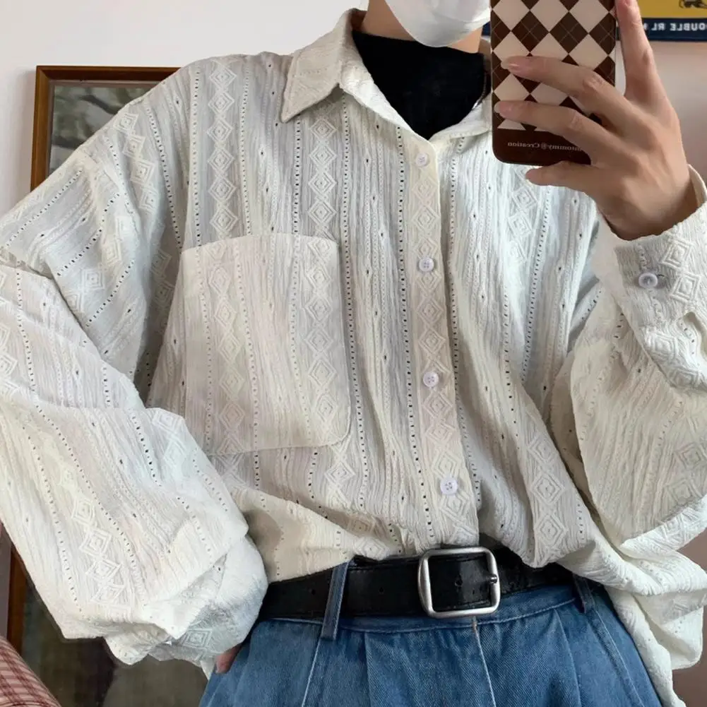 

Lightweight Shirt Men's Retro Hollow Out Long Sleeve Shirt with Turn-down Collar Chest Pocket Streetwear Club Style for Party