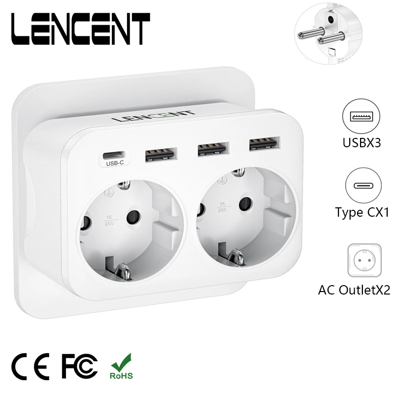 LENCENT Wall Charger 6 in 1 Thief Sockets 2 Schuko Sockets 3 USB Ports 1 Type C Multiple Plug Adapter for Home Office plug adapter power plug adapter