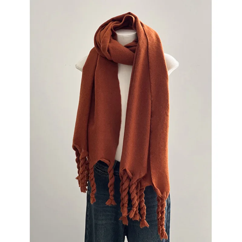 

2023 Autumn Winter Thick Twists Tassel Scarf Women Soft Warm Solid Color Long Shawl