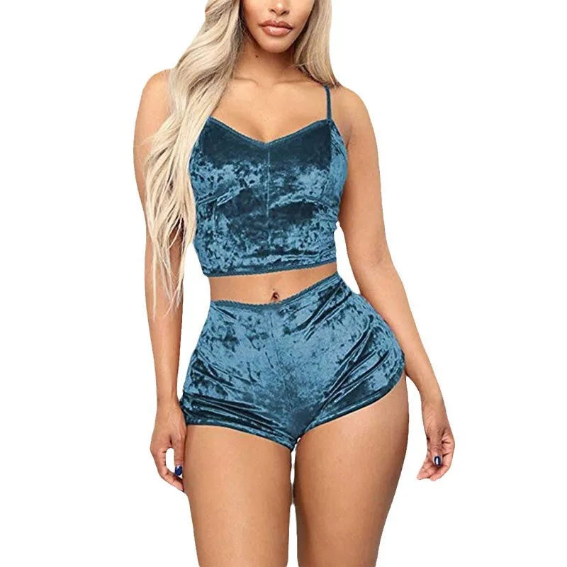 Women Velvet Pajama Set Cami Top and Shorts Set Sleepwear Loungewear Two Piece Set Sexy Homewear Nightwear Plus Size Purple