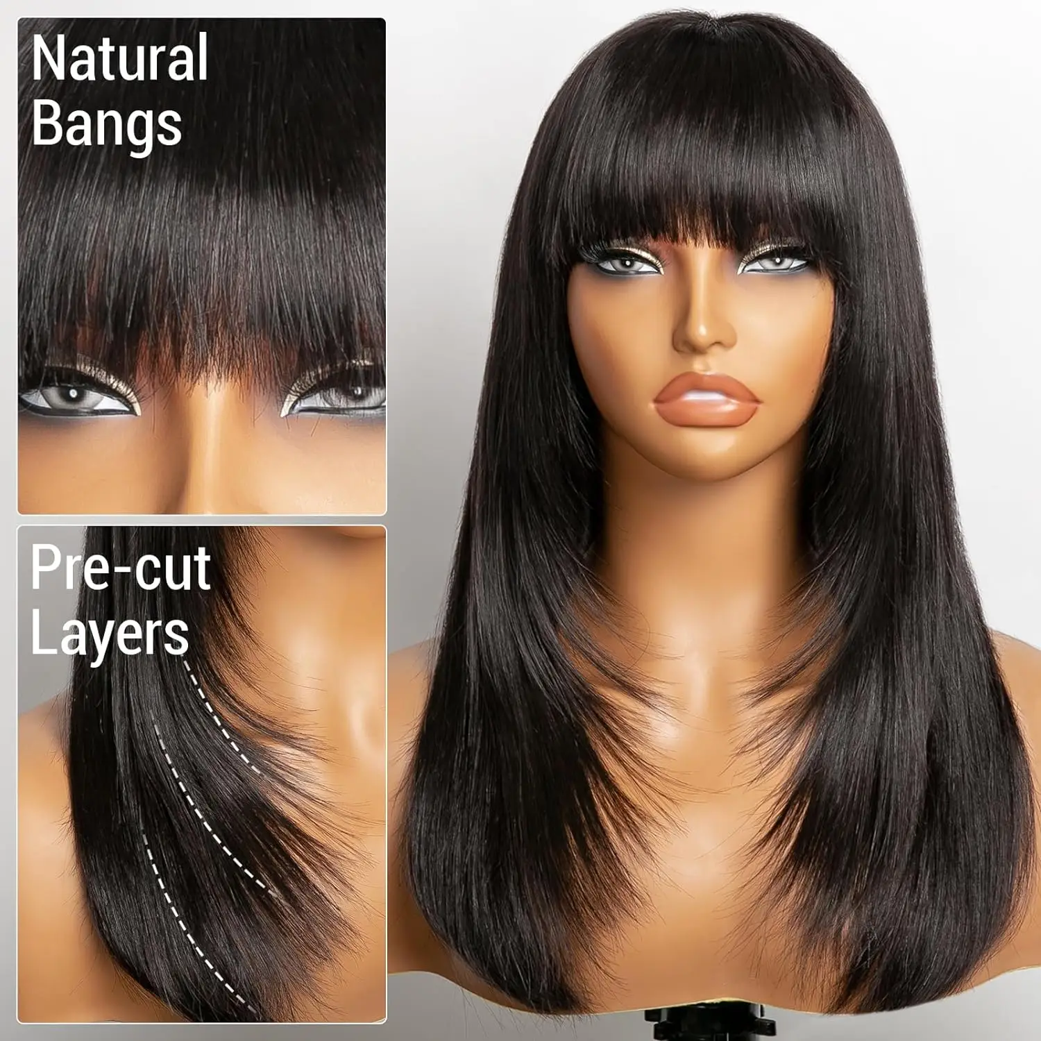 Lace Wigs Layered Wigs with Bangs Synthetic Natural Layers PrePlucked Heat Resistant Glueless Wig