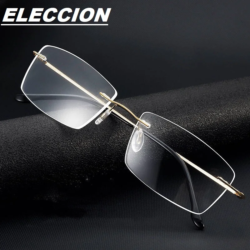 

ELECCION Rimless Glasses for Men High Quality Titamium IP Plating Square Myopia Optical Prescription Eyeglass Frames Women
