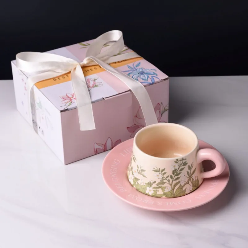 Ins Jasmine Coffee Cup and Plate Set Antique Wedding Gift Souvenir Pink Cup and Plate Gift Boxed Water Cup