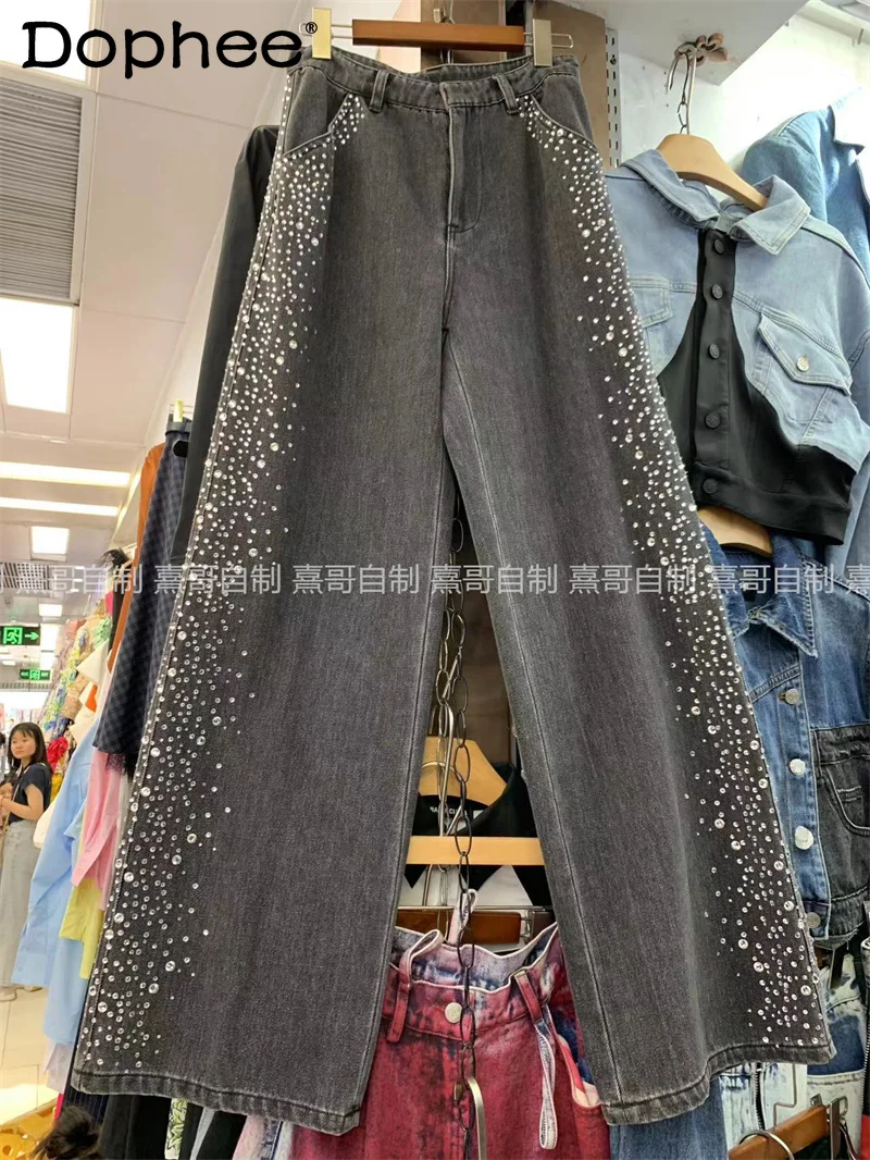 

Fashion High Sense Heavy Embroidery Hot Drilling Pants Women's Black Baggy Jeans 2023 Korean Autumn New Denim Straight Trousers