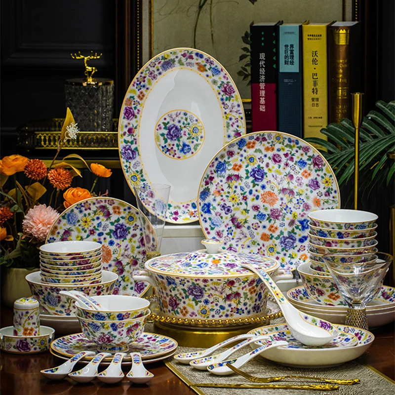

Luxury Enamel Colored Tableware Flourishing Flowers Bowl Plate Dish Spoon Soup Pot Chopsticks High Legged Bowl Combination Set