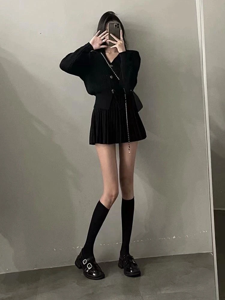 Casual Knitted 2 Piece Set Single Breasted V-neck Top + High Waist Mini Pleated Skirt Autumn Spring Korean Fashion Solid Outfits