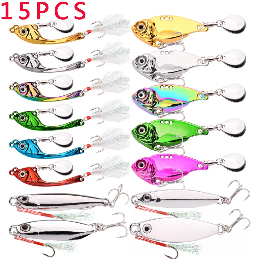 

15PC Rotating Metal VIB Vibration Bait Set Spinner Spoon Fishing Lures Sinking Jigs Trout Winter Fishing Hard Baits Tackle Pesca