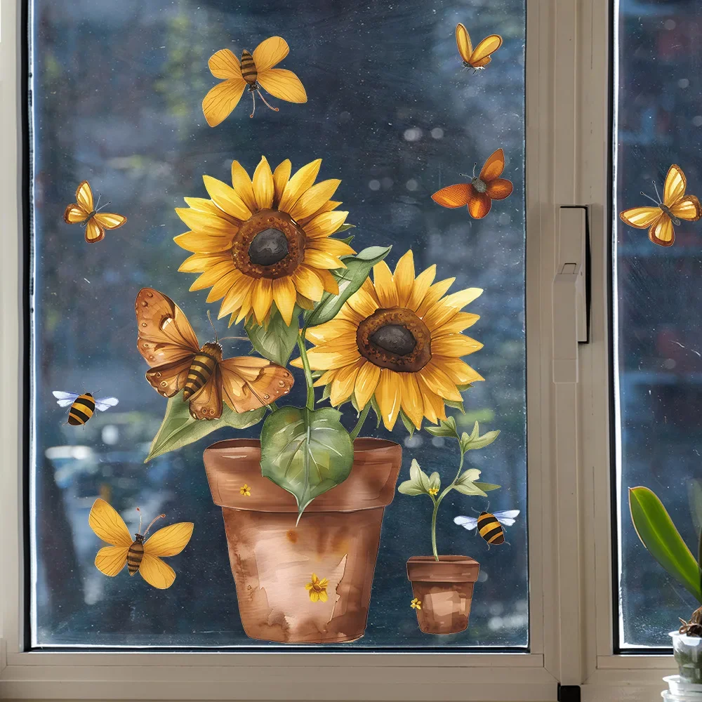 1PCS Creative Potted Sunflower Butterfly Glass Window Home Landscaping Decoration Electrostatic Uv Window Sticker