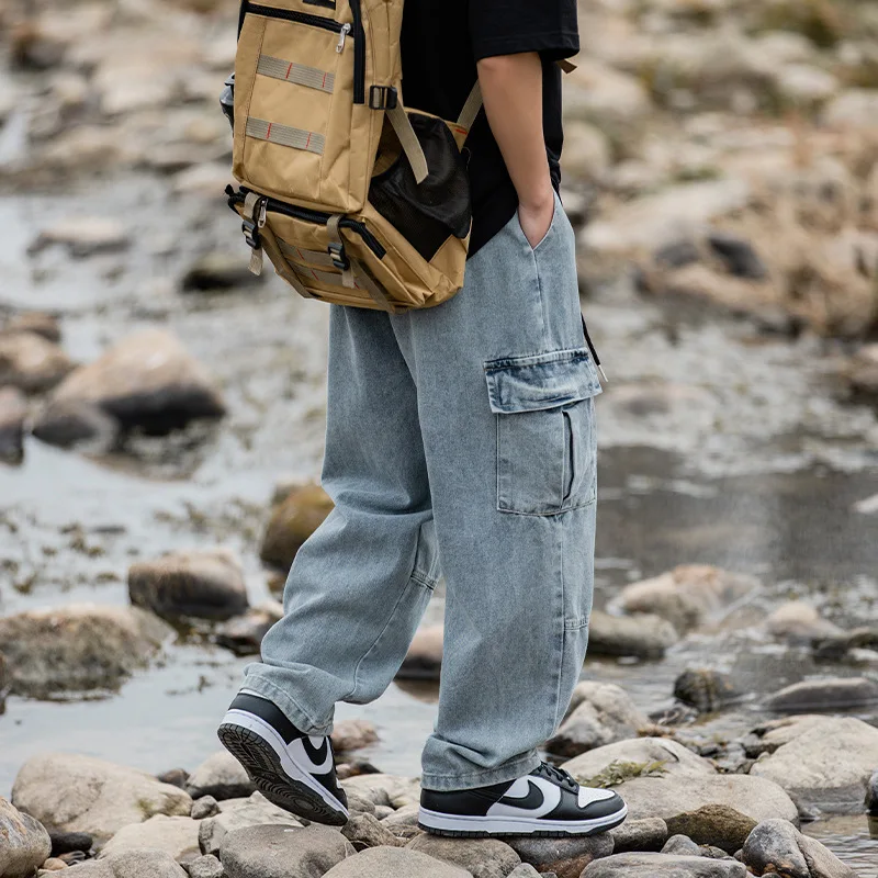 Street Retro Hip Hop Male Denim Pants Black Blue Wide Leg PantsLoose CasualKorean Streetwear Hip Hop Elastic Waist