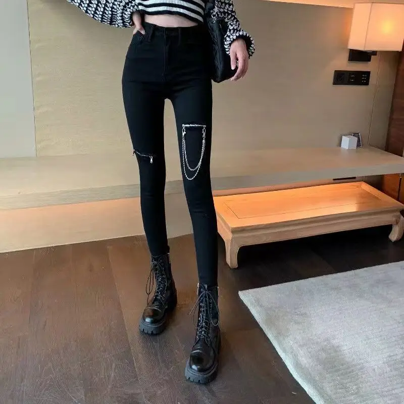 Woman Gothic Pencil Pants Black Crescent Zipper High Waist Plus Size Long Pant  Women Dark Goth Aesthetic Vintage Clothes
