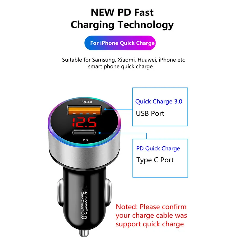 QC3.0 + 2.4A  USB   LCD ÷, 12-24V      ڵ USB  ׷̵
