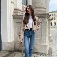 Khaki Cropped Trench Women Long Sleeves Cropped Design Jacket Chic Lady High Street Casual Loose Coats Top Female 2023 New - Image 4