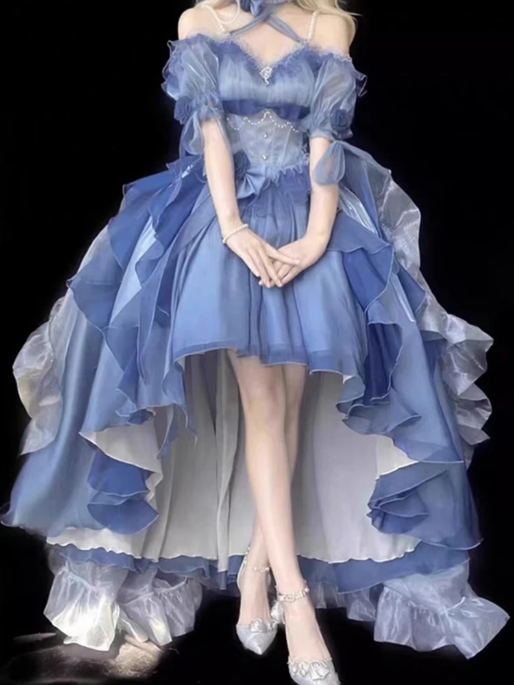 

Cosplay Lolita Style Pettiskirt Short Front and Long Back Dress Blue Women's Formal Dress