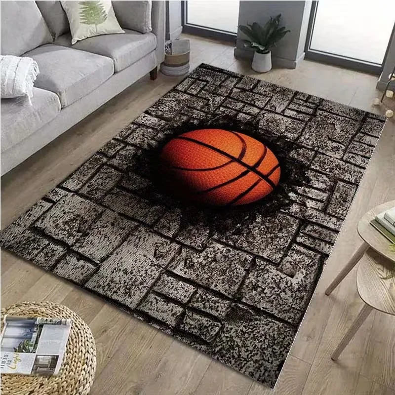 3D Basketball Breaking Floor Rug Orange Ball on Gray Stone Carpet for ...