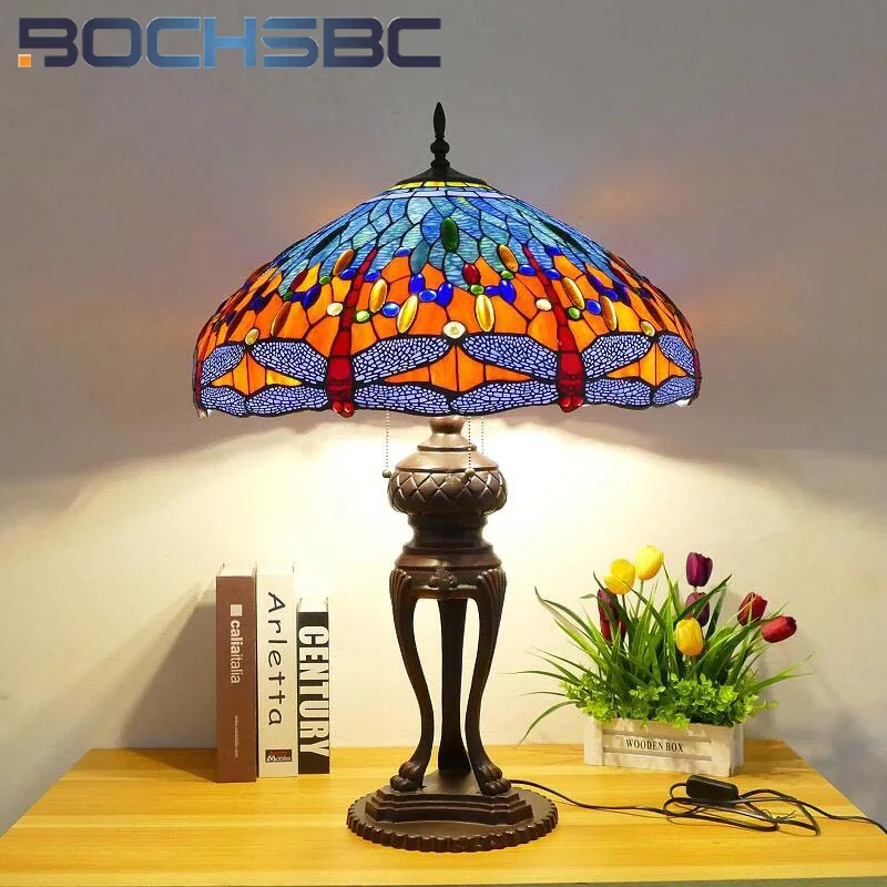 BOCHSBC  스타일 스테인드 글라스 앤티크 레트로 책상 램프, 따뜻한 침실 침대 옆 테이블 램프, 거실 호텔 빌라 LED 장식