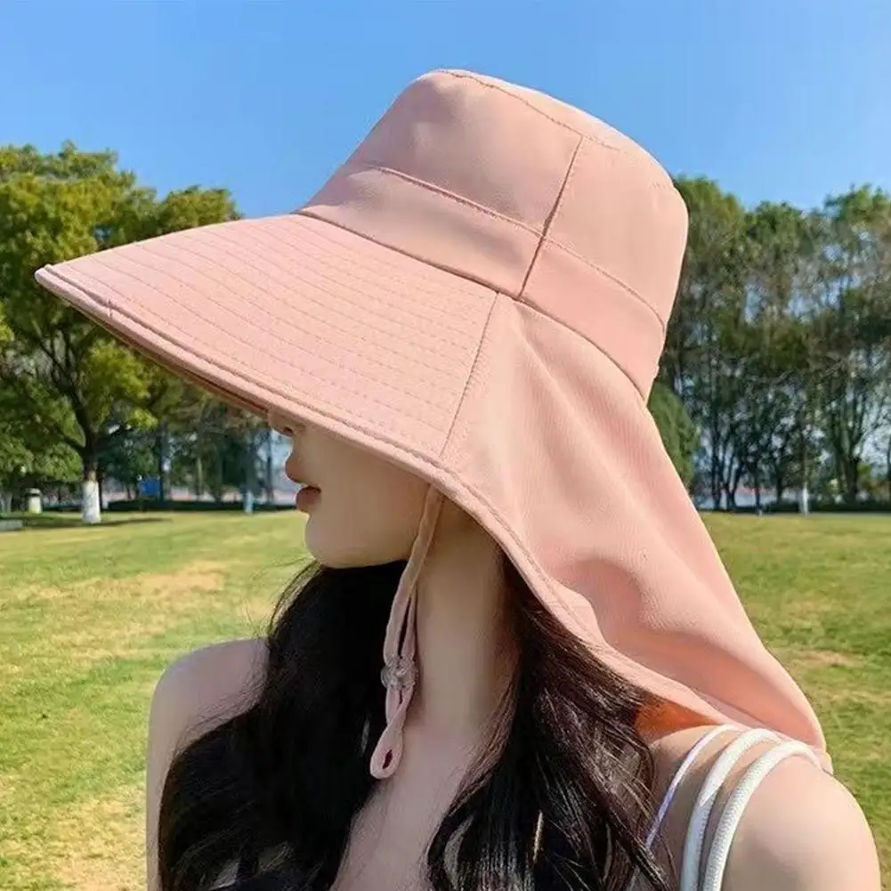 Wide Brim Sun Hat Women Anti-UV Protection Hiking Fisherman Cap Fold Summer Solid Beach Hat Neck Protection Sun Visors 5