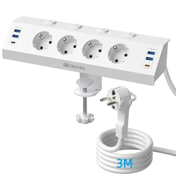 Enhanced Multi - Plug Power Strip with Desktop Clamp and USB Ports - 3 meters white