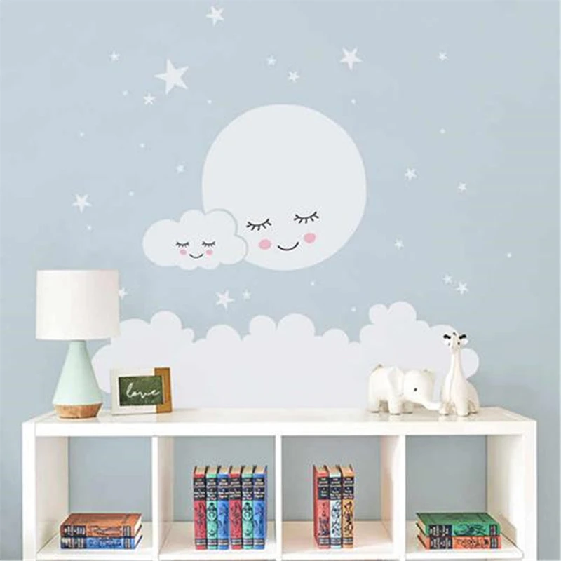 White Clouds Stars Moon Removable Personalized Wall Stickers for Living Room Bedroom Sofa Background Wall Sticker 28.5x88cm