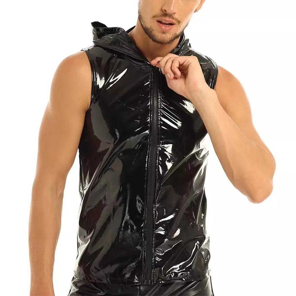 

Mens Wet Look Faux Leather Hooded Tank Tops Vest Sleeveless T-Shirt Crop Top