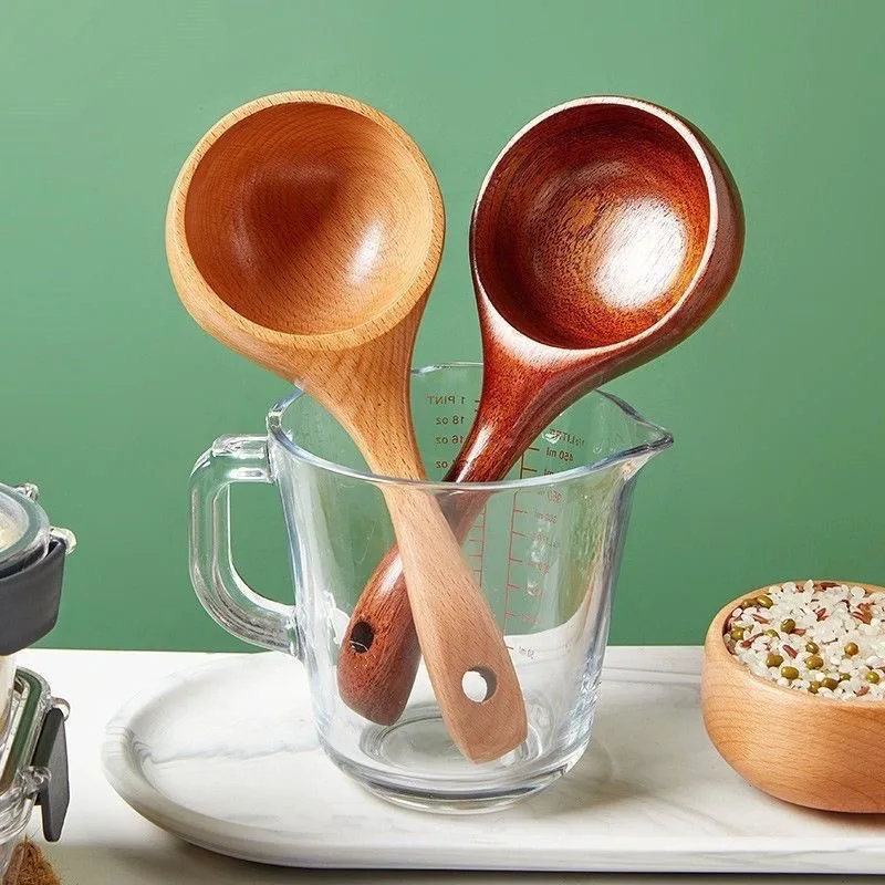 Natural Solid Wood Noodle Spoon Large Soup Ladle Japanese Short Handle Porridge Spoon Soup Ladle Water Scoop Kitchen Household, wooden scoop spoon