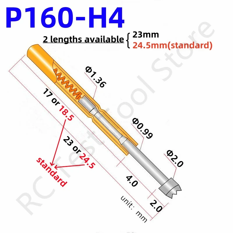 

100PCS P160-H4 Spring Test Pin Test Probe 23 or 24.5mm Dia 2.0mm Needle Pogo Pin P160-H Dia 1.36mm Circuit Board PCB Test Tool
