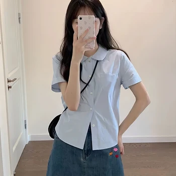 Xpqbb Blue Short Sleeve Shirt for Women Summer Casual All-match Turndown Collar Blouse Female Preppy Style Student Crop Shirts 1