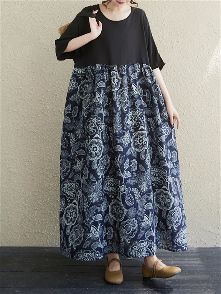 Summer Cotton Vintage Casual Loose Print Dresses For Women Short Sleeve Dress Femme Vestidos Office Lady Elegant Long Clothing