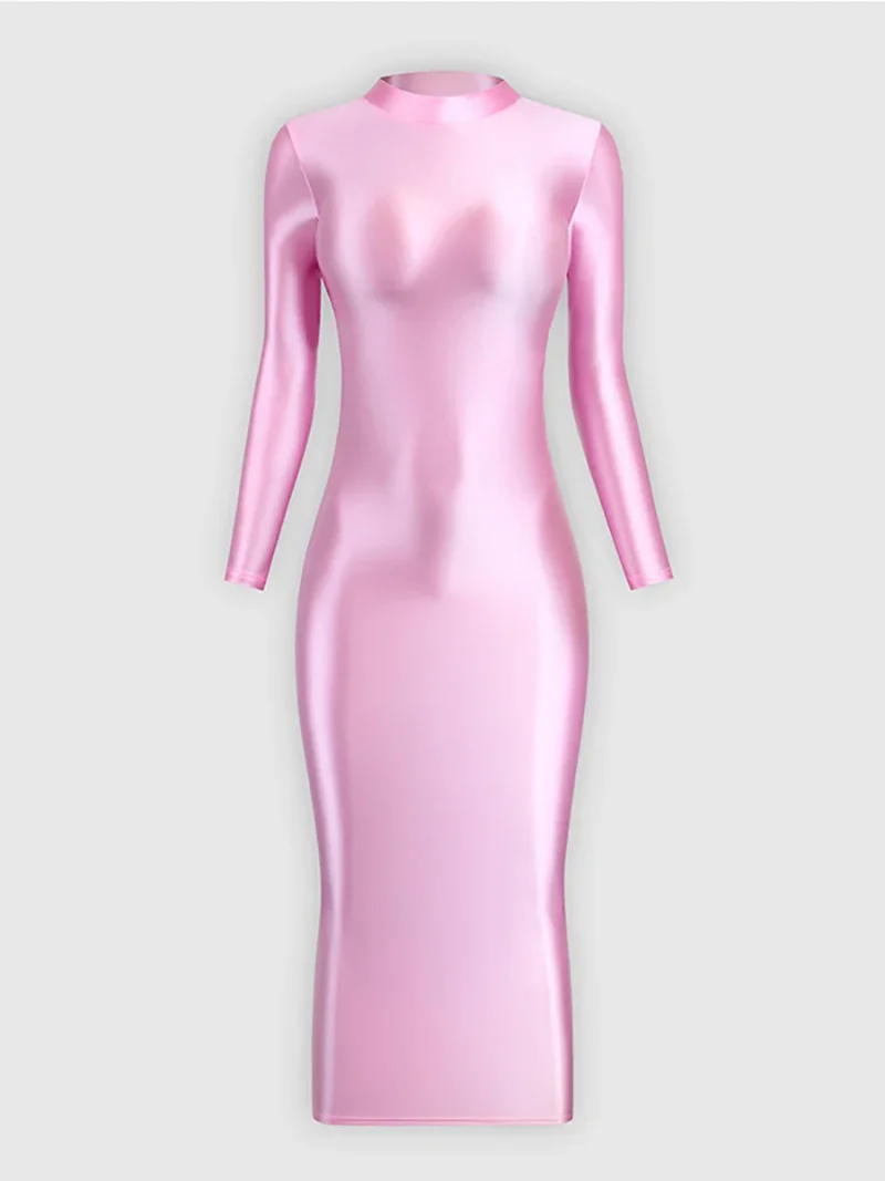 Girl dance costume Women Glossy Shiny Buttocks Sexy Jumpsuit Elastic Silk Smooth Dress High Neck Long Sleeve Dancewear Night Club Party Costume