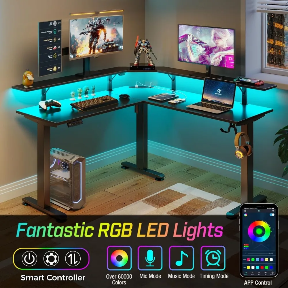 Standing Desk L Shaped with LED Light and Power Outlet, Electric Height Adjustable Desk with Monitor Stand, Sit Stand Up Desk 5
