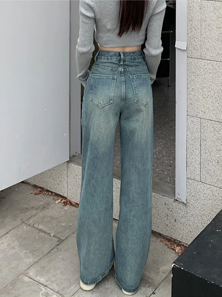 여성용 하이 웨이스트 청바지, 데님 바지, Y2k 와이드 레그 팬츠, 편안한 전체 길이, 한국 패션 스트레이트 청바지, 파란색