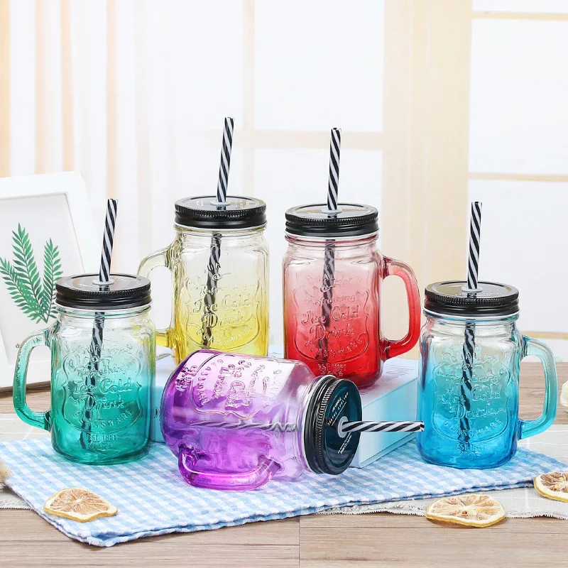 Glass Cup Mason Jar Gradient Transparent With Cover And Straw Water Bottle  Mug For Fruit Juice Cool Drink Kitchen Accessories