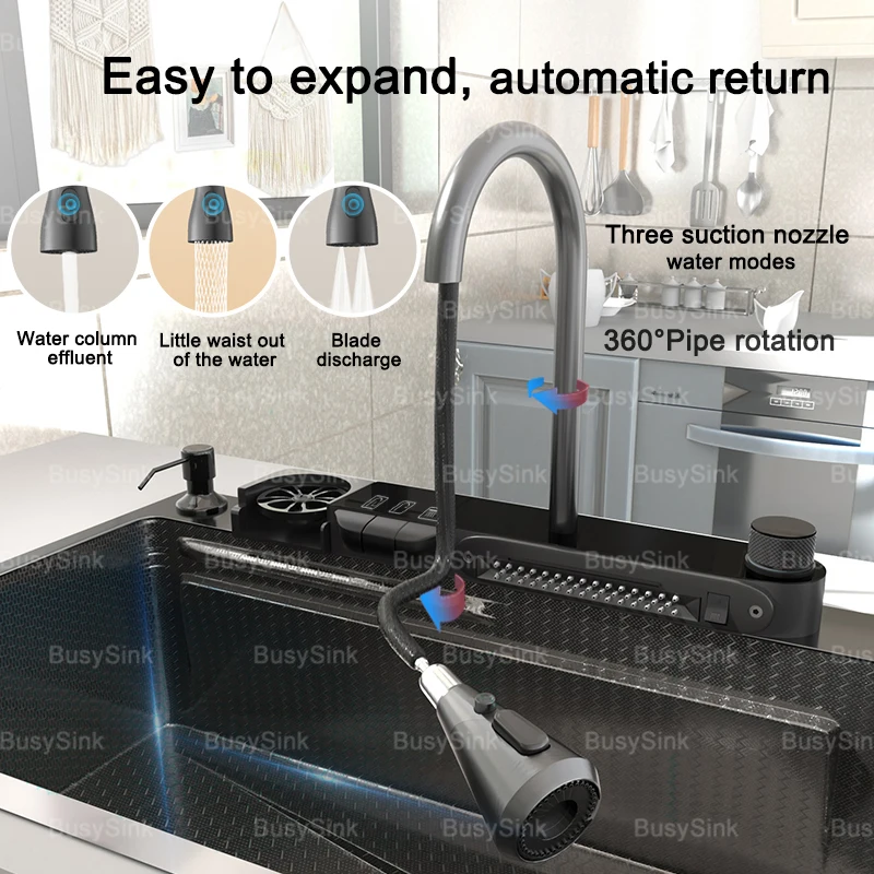 Stainless Steel Waterfall Kitchen Sink Embossed Intelligent Digital Display Washbasin Vegetable Cubic Console Single Sink