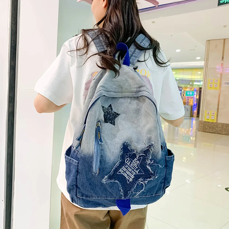 Casual Denim Women's Backpack Cartoon Sweet Student School Bag For Girls Fashion Small Ladies Travel Backpack