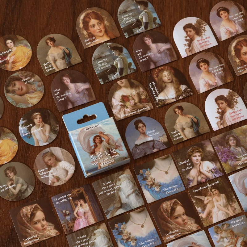 

40Packs Free shipping wholesale Box Stickers Retro Angel European classical oil painting Girl Earthly Scrapbook Material 4CM