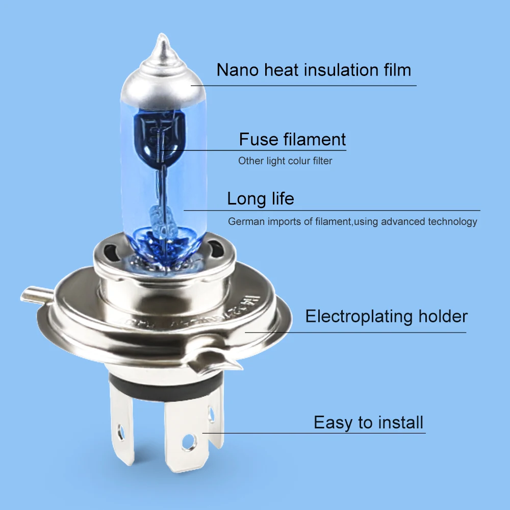 Halogen Headlight Bulb Car Accessories H4 60/55W 12V High Low Beam P43T 9003 Super Xenon White 6000K