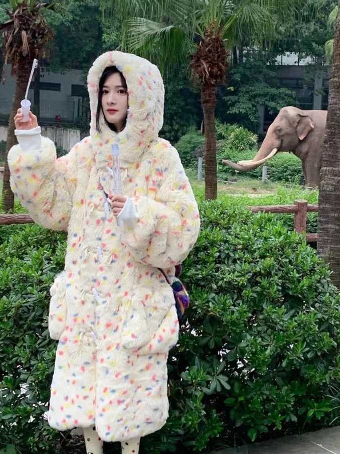 Horn Button Hooded Long Furry Coat Women's Environmental Protection Rabbit Fur Winter Thicken Thermal Long Sleeve Faux Fur Coat