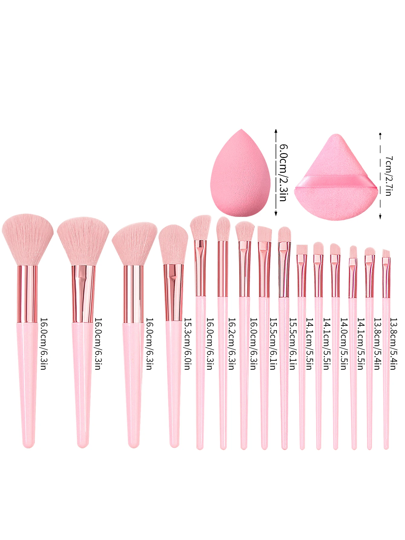 A 19-piece set of makeuptools:15 makeupbrushes,2 sponge eggs,and 2 triangular powderpuffs,a complete set of portable beautytools