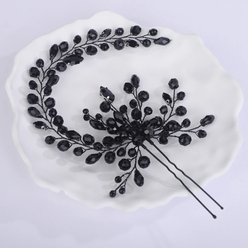 Black Crystal Bridal Hair Pins Headband Wedding Hair Accessories Jewelry Handmade Party Headpiece for Women and Girls Tiaras