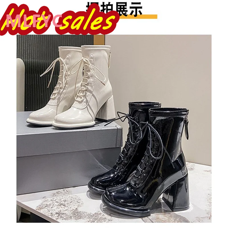 

Women's Short Boots 2023 New European and American Lace up Short Boots Women's Back Zipper Thick Heel High Heel Boots Children