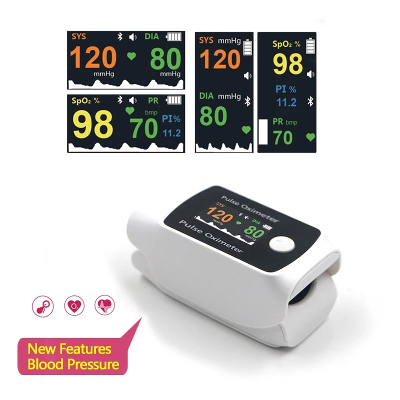 

Пульсоксиметр на кончик пальца с Bluetooth и функцией измерения артериального давления для определения насыщенности крови кислородом, пульса и крови
