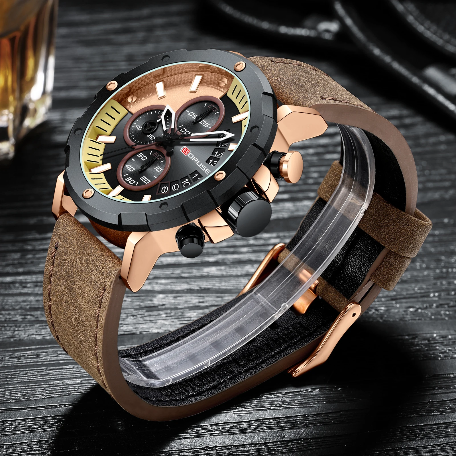 BORUSE Top Luxury Brand Men Sports Watch Male Casual Leather Strap Date Wristwatches Men's Quartz Watches Relogio Masculino