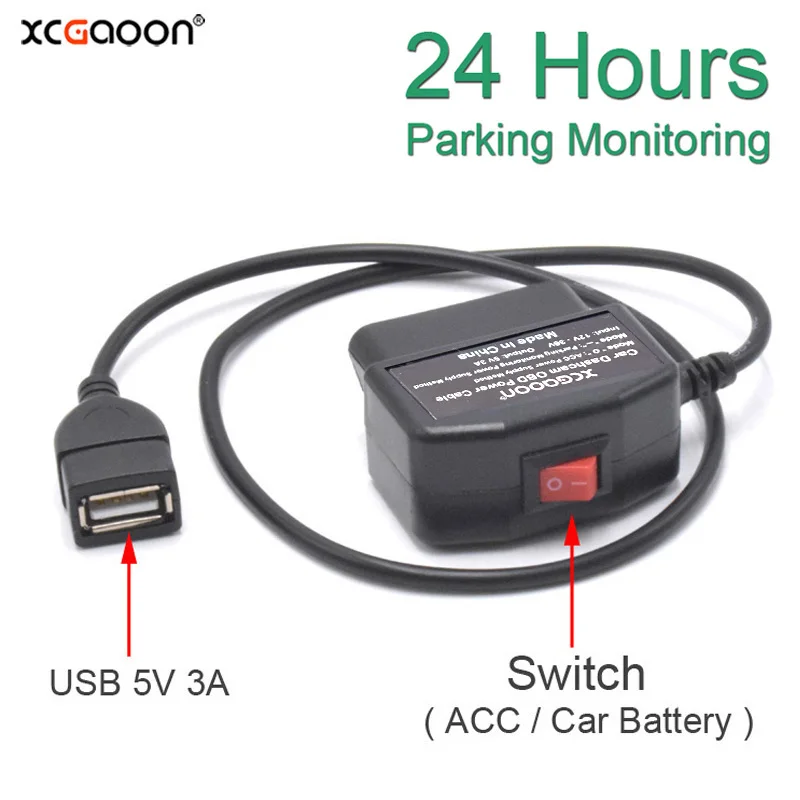 

XCGaoon 24Hours 5V 3A USB Car Charge Cable OBD Hardwire Kit With Switch 0.5meter Wire For Dash Cam Camcorder Vehicle DVR
