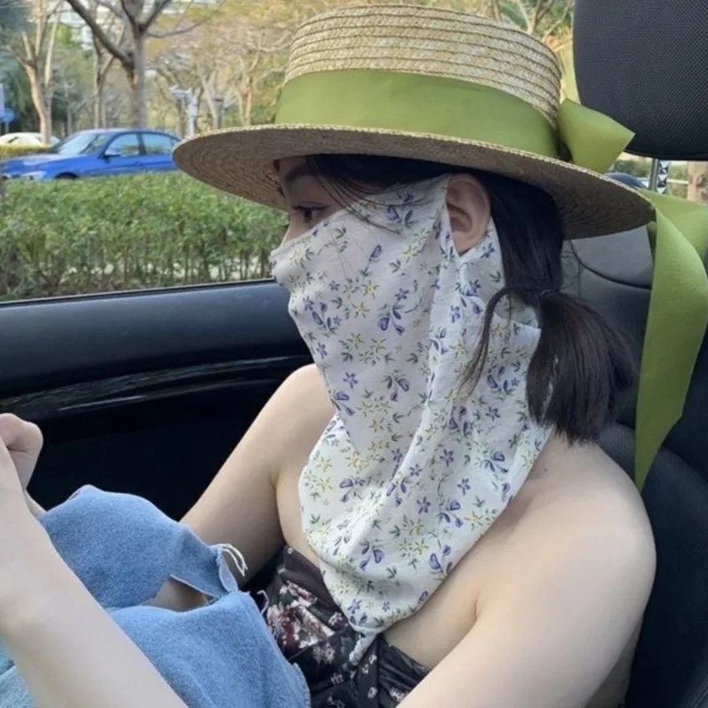 Women's Floral UV Protection Face and Neck Cover with Integrated Sunscreen, Ice Silk Fabric