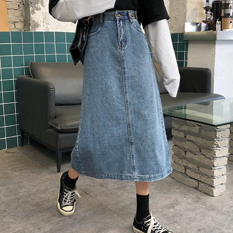 

Rimocy Korean Style Button Denim Skirt for Women 2022 Spring High Waist Split Jeans Skirts Woman Loose Long Pencil Skirts Mujer