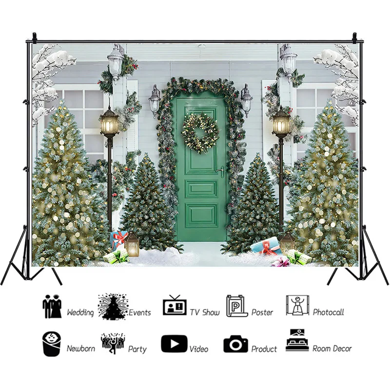 

SHUOZHIKE Christmas Tree Window Candy Photography Backdrop Wooden Doors Snowman Cinema Pine New Year Background Prop LA-38